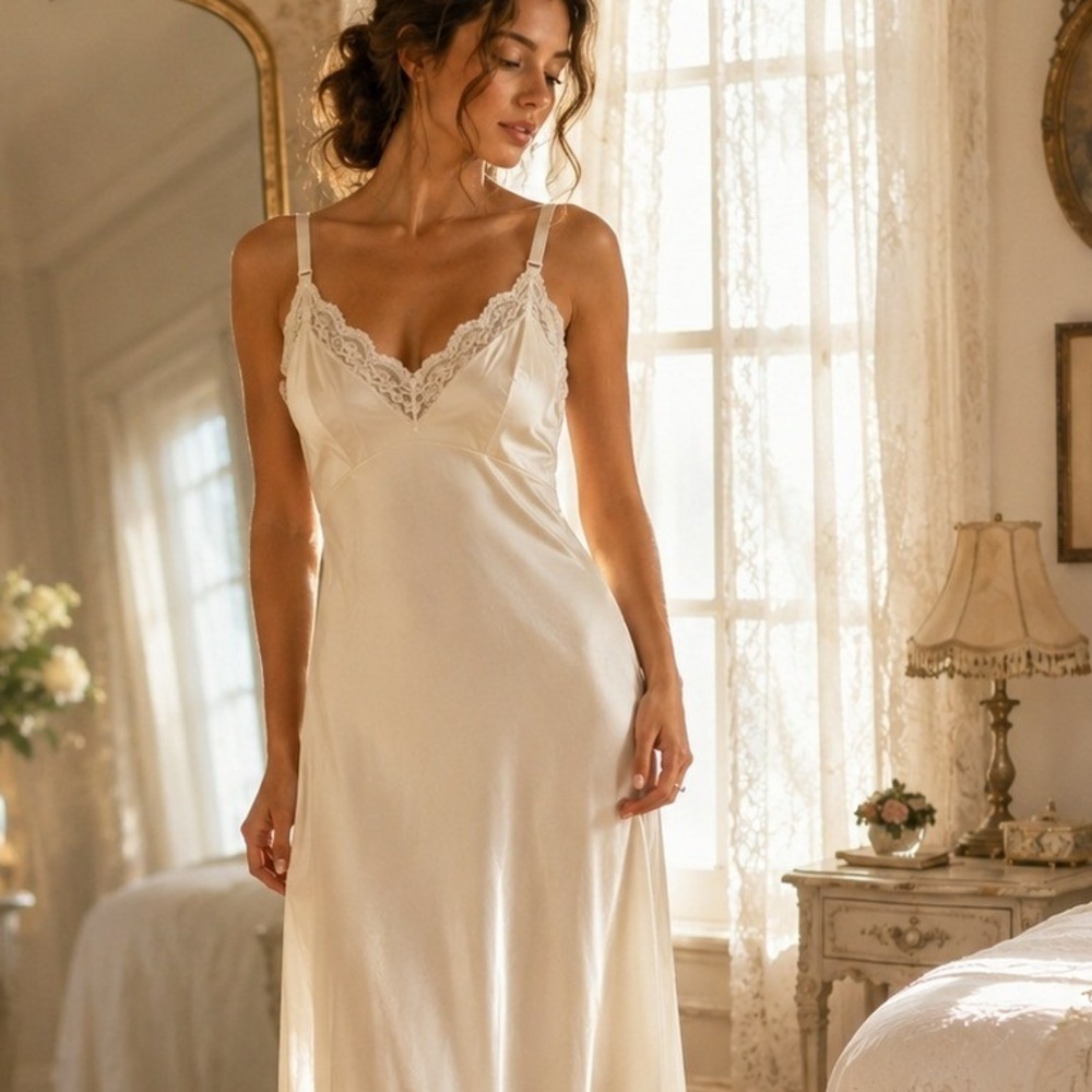 Vintage Ivory Lace Trim Full Slip Nightgown Maxi Lingerie Bridal Cottagecore